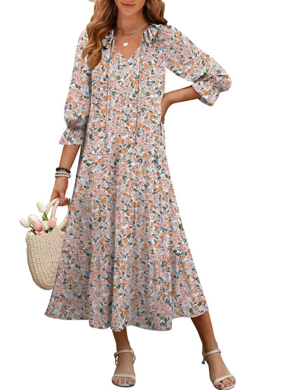 ANRABESS Women's Boho Maxi Dresses 2025 Summer Casual V Neck Puff Sleeve Floral Tiered Flowy Swing Beach Vacation Long Dress