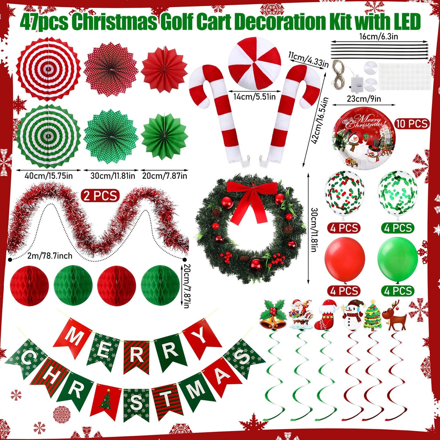 Suncalla 47 Pcs Christmas Parade Golf Cart Decoration Kit with LED Xmas Car Wreath Bow String Candy Canes Merry Christmas Banner Fans Balloons Tinsel Hanging Swirl Garland for Truck Vehicle