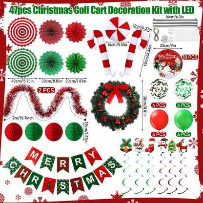Suncalla 47 Pcs Christmas Parade Golf Cart Decoration Kit with LED Xmas Car Wreath Bow String Candy Canes Merry Christmas Banner Fans Balloons Tinsel Hanging Swirl Garland for Truck Vehicle