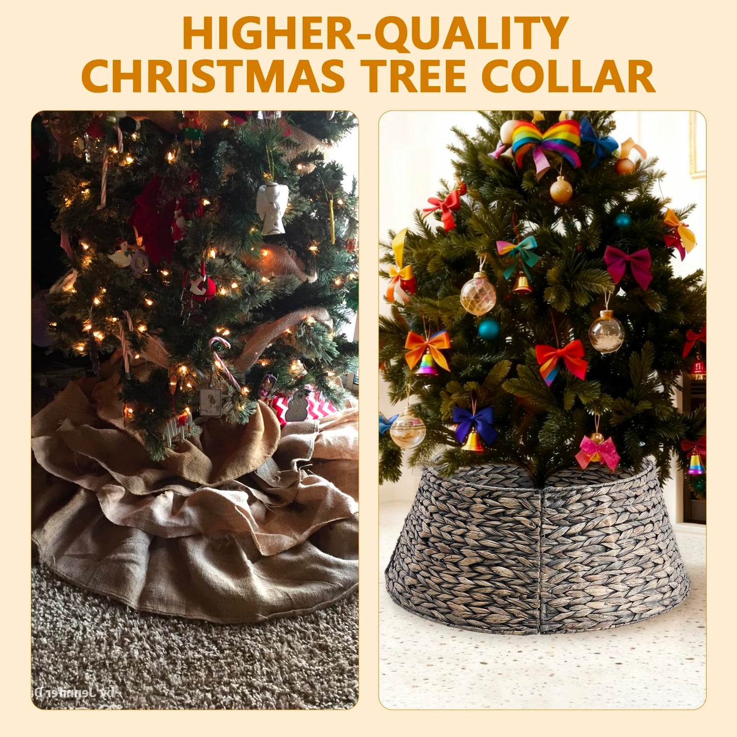 Sweetcrispy 24inch Christmas Tree Collar for 4.5-6ft Trees, Woven Hyacinth Rattan 4-Panel Collar w/Cord Access Hole & Easy Lock Design, Handwoven, Black
