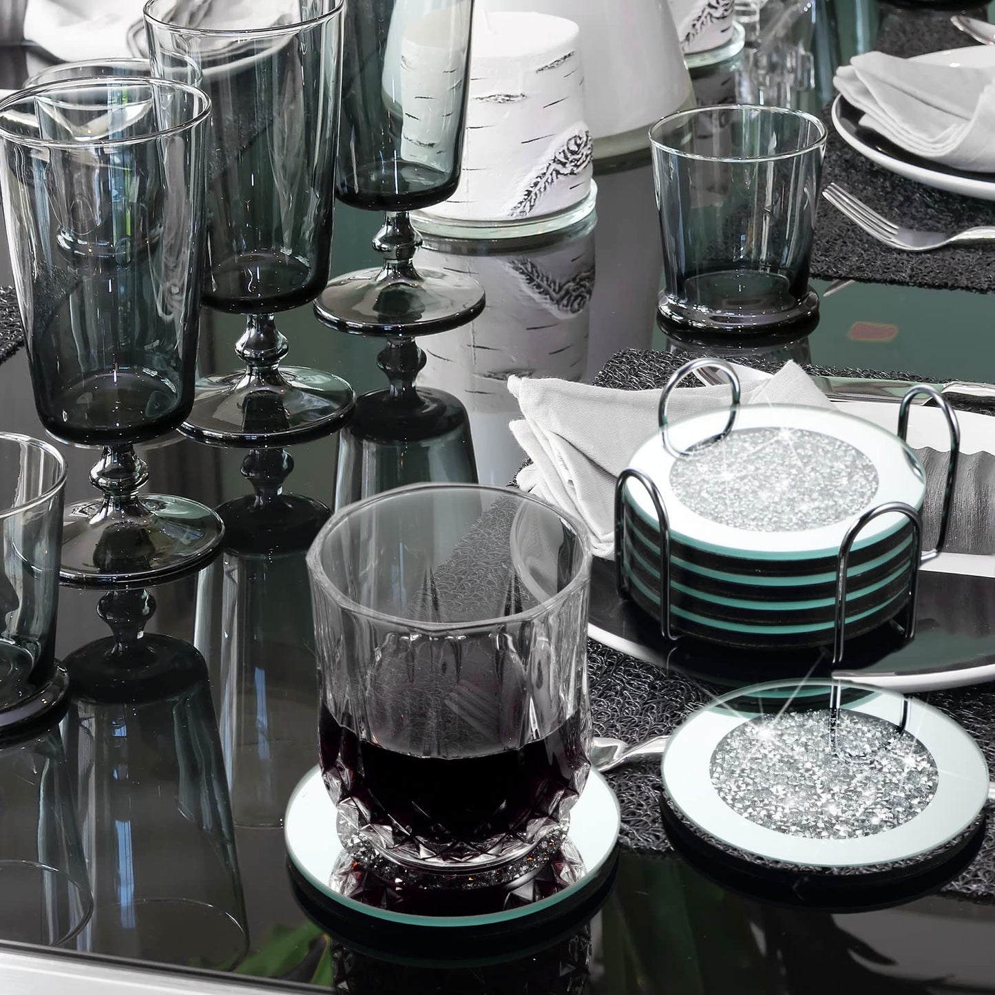 Jetec Mirrored Glass Coaster Set of 6 with 1 Holder 4" Crushed Diamond Round Cup Mat Glitter Crystal Rhinestone Glass Coaster Bling Table Decor for Bar Kitchen Gift for Christmas(Silver,4 Inch)