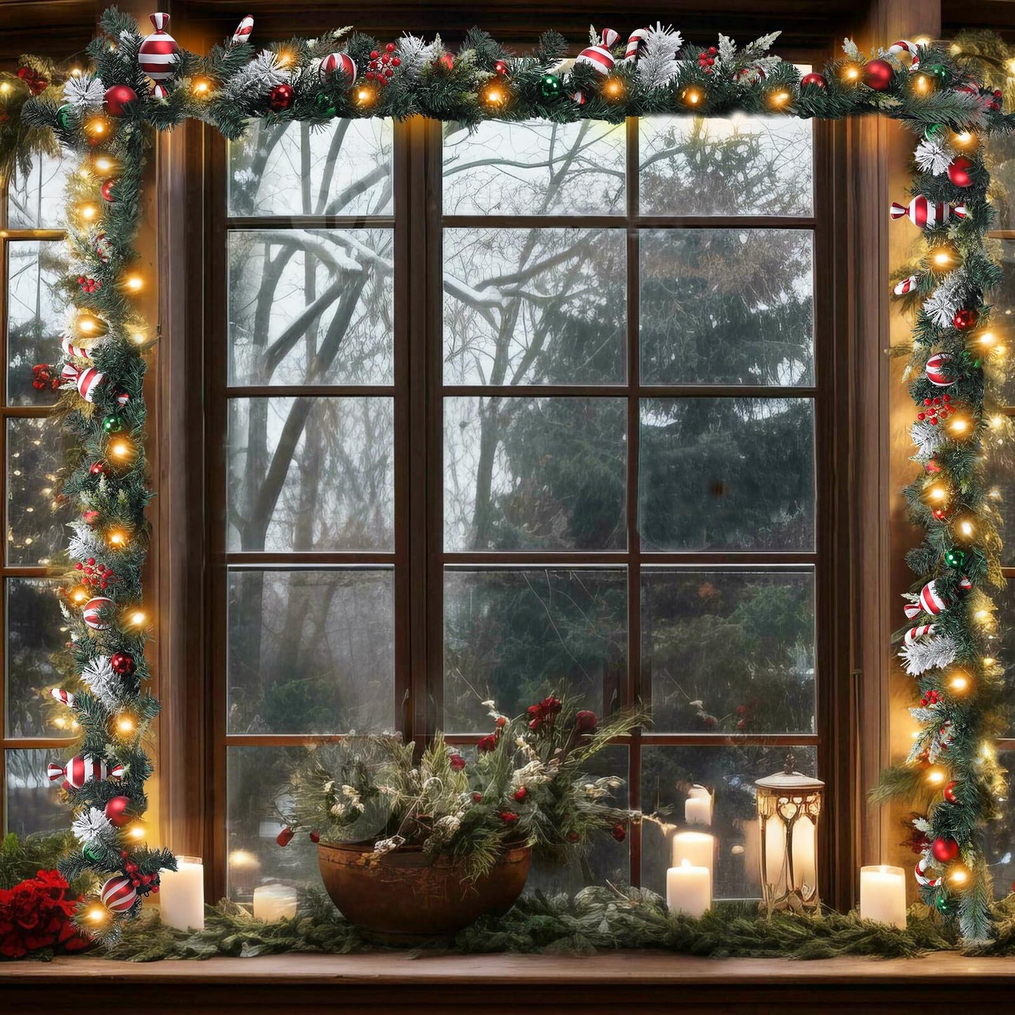 6 FT Christmas Garland with Lights, Prelit Wintry Pine Flocked Garlands with Candy Cane and Ball Ornaments, Battery Operated Artificial Christmas Garlands for Front Door Fireplace Mantle Decor
