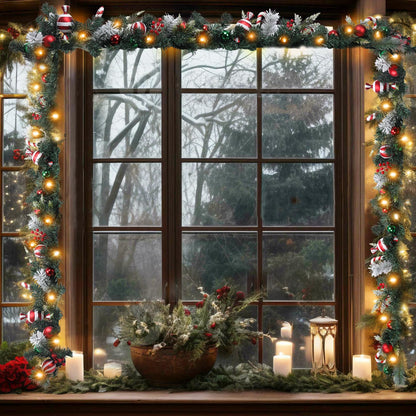 6 FT Christmas Garland with Lights, Prelit Wintry Pine Flocked Garlands with Candy Cane and Ball Ornaments, Battery Operated Artificial Christmas Garlands for Front Door Fireplace Mantle Decor