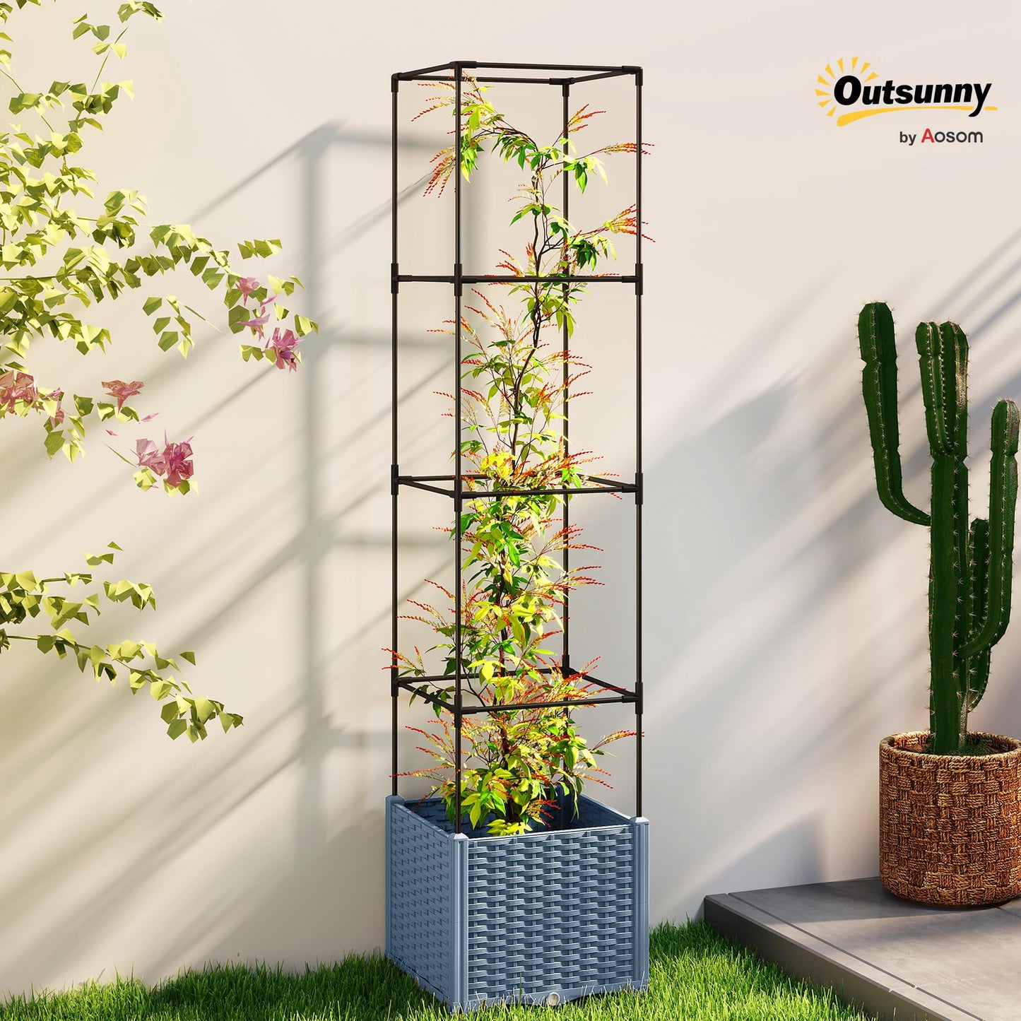 Outsunny Raised Garden Bed with Trellis, 71.7" Tomato Cage with Lockable Wheels, Self Watering Outdoor Planter Box with Drainage Holes and Plugs for Climbing Plants, Vines, Vegetables, Flowers, Gray