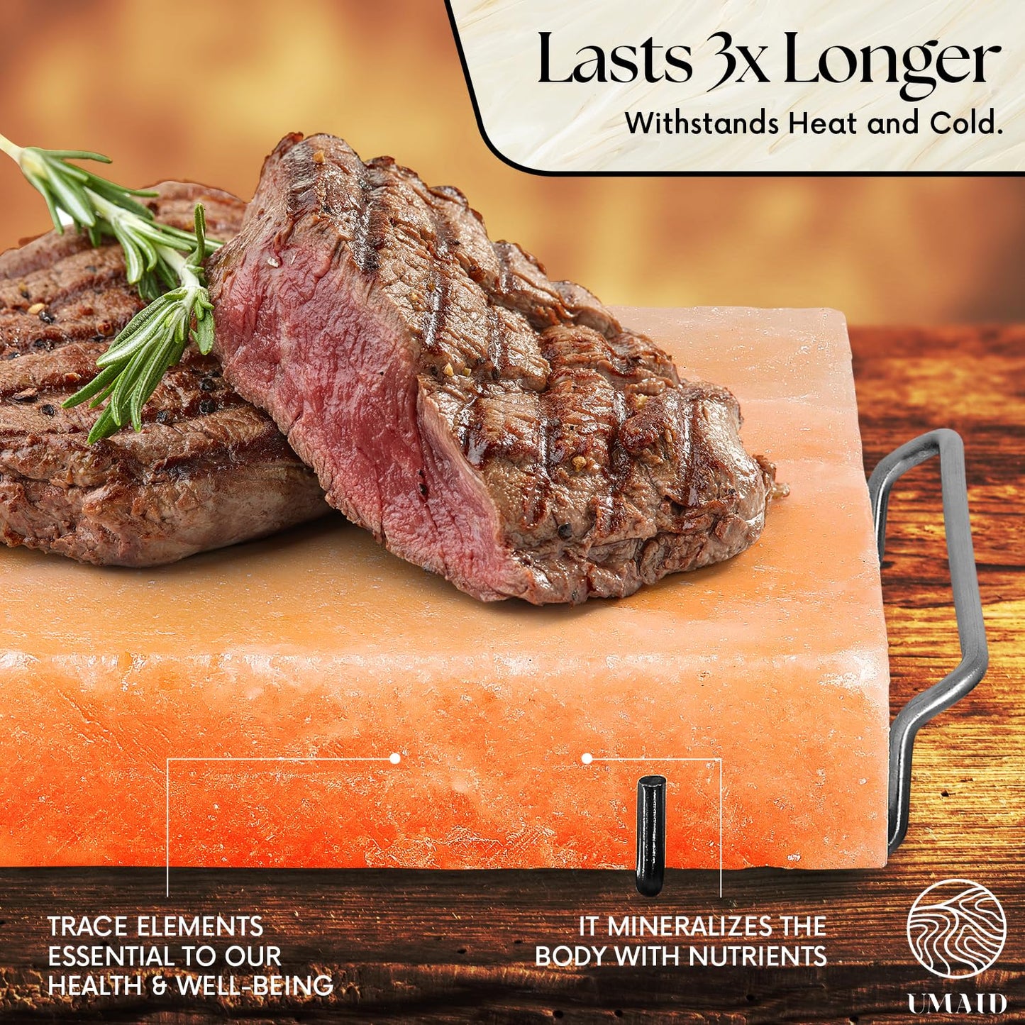 UMAID Himalayan Salt Block Cooking Plate 8x8x1.5 – Food Grade Pink Himalayan Salt Stone for Cooking, Salt Block for Grilling, Serving & Food Presentation – Includes Stainless Steel Tray & Recipe Booklet – Unique Gifts for Men & Dad Gifts for Fathers Day