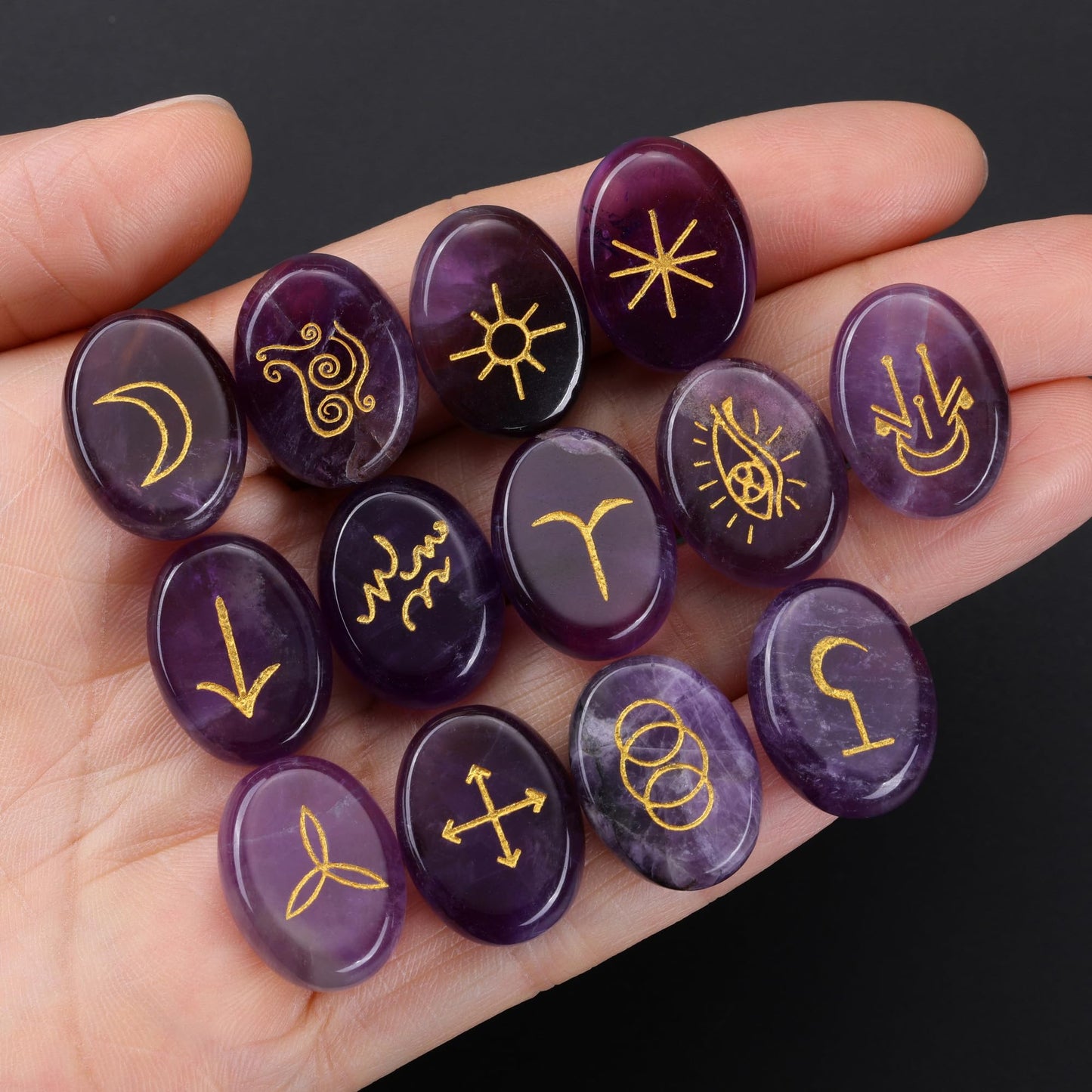 CrystalTears Amethyst Crystal Witches Rune Stones Healing Crystals Gemstone Engraved with Reiki Rune Symbol Natural Amethyst Stones Set for Witchcraft Reiki Healing Divination Meditation