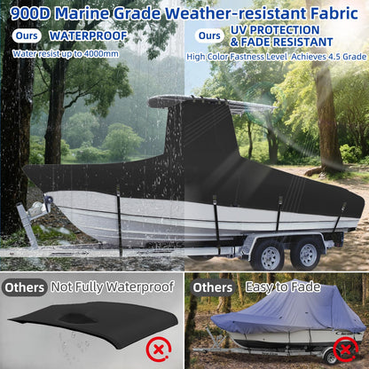 Marine Grade Waterproof Center Console Boat Cover with T Top Roof, Tear Resistant Trailerable Storage Covers, All-Weather Protection T-Top Boat Cover 26-28 ft, Beam Width Up to 116", Black