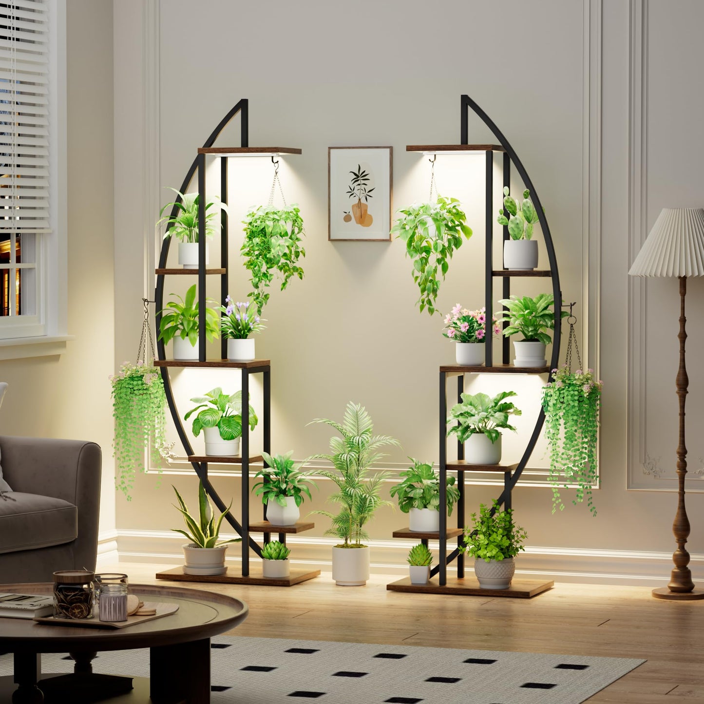 BACEKOLL Plant Stand Indoor with Grow Lights, 6 Tiered Tall Plant Shelf, 63" Metal Plant Stand for Indoor Plants Multiple, Half-Moon Plant Rack Display Shelf, 2 Pcs Plant Holder for Living Room, Patio