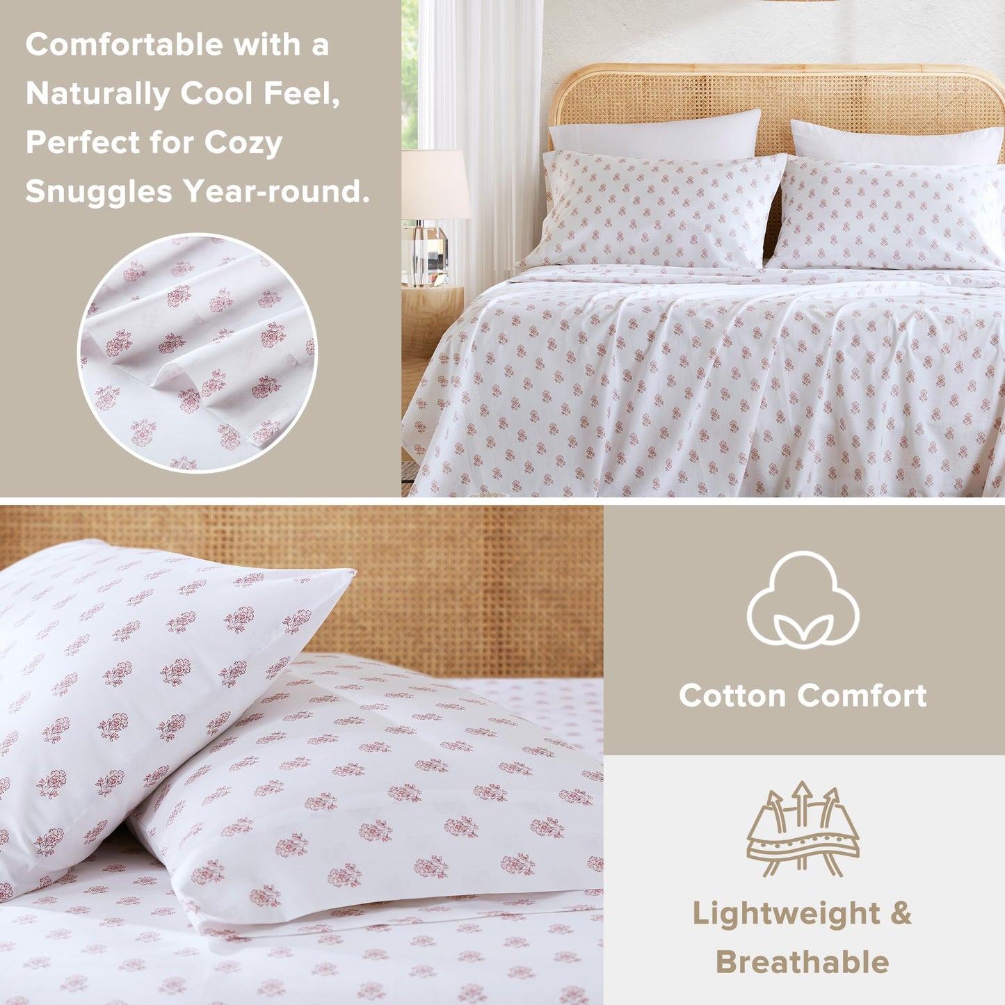 Comfort Spaces 100% Cotton Sheets Twin XL, Breathable, Naturally Cool Cotton Sheets, Soft Cotton Bed Sheets with 12" Elastic Pocket Fits up to 14" Mattress, All Seasons Sheet Set, Floral Pink 3 Piece