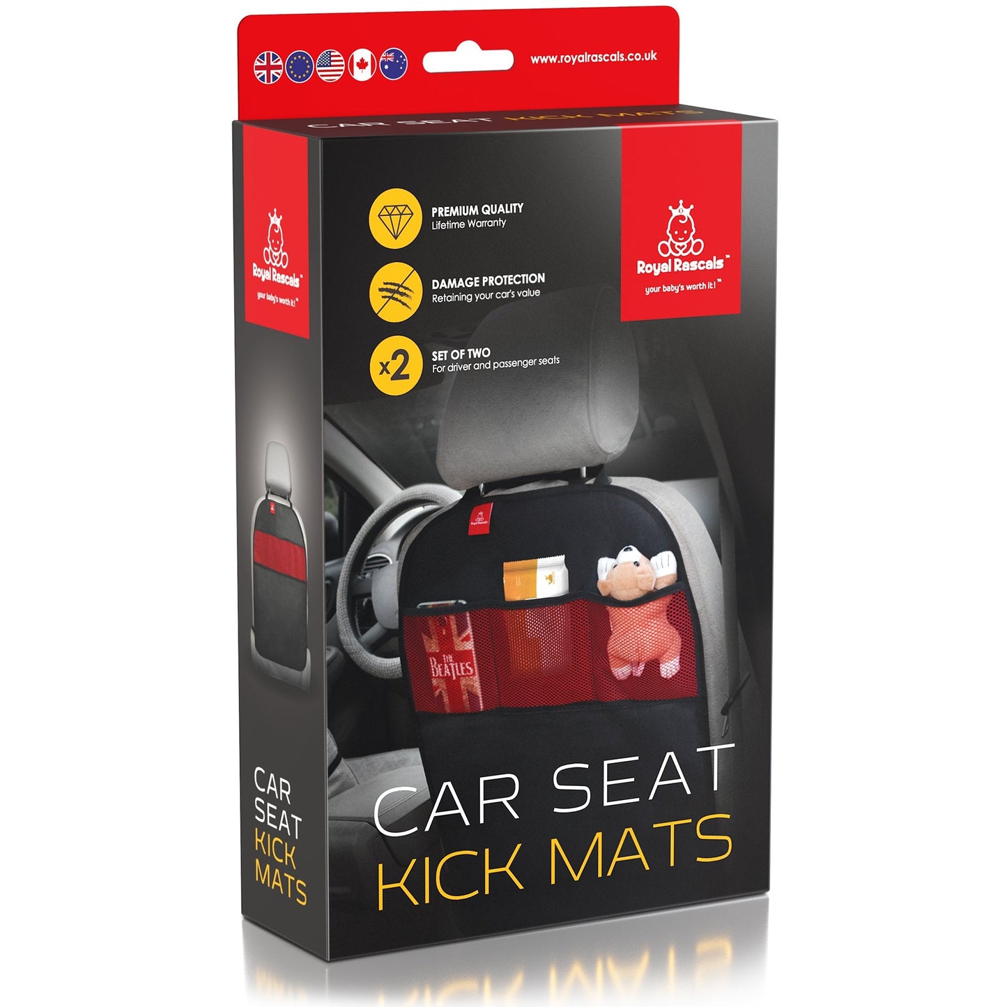 Royal Rascals Car Seat Kick Mats Back Seat Protector (2 Pack) Durable Waterproof Back Seat Organiser for Kids, Car Travel Accessories with Pockets & Storage, Road Trip Essentials, Easy to Install