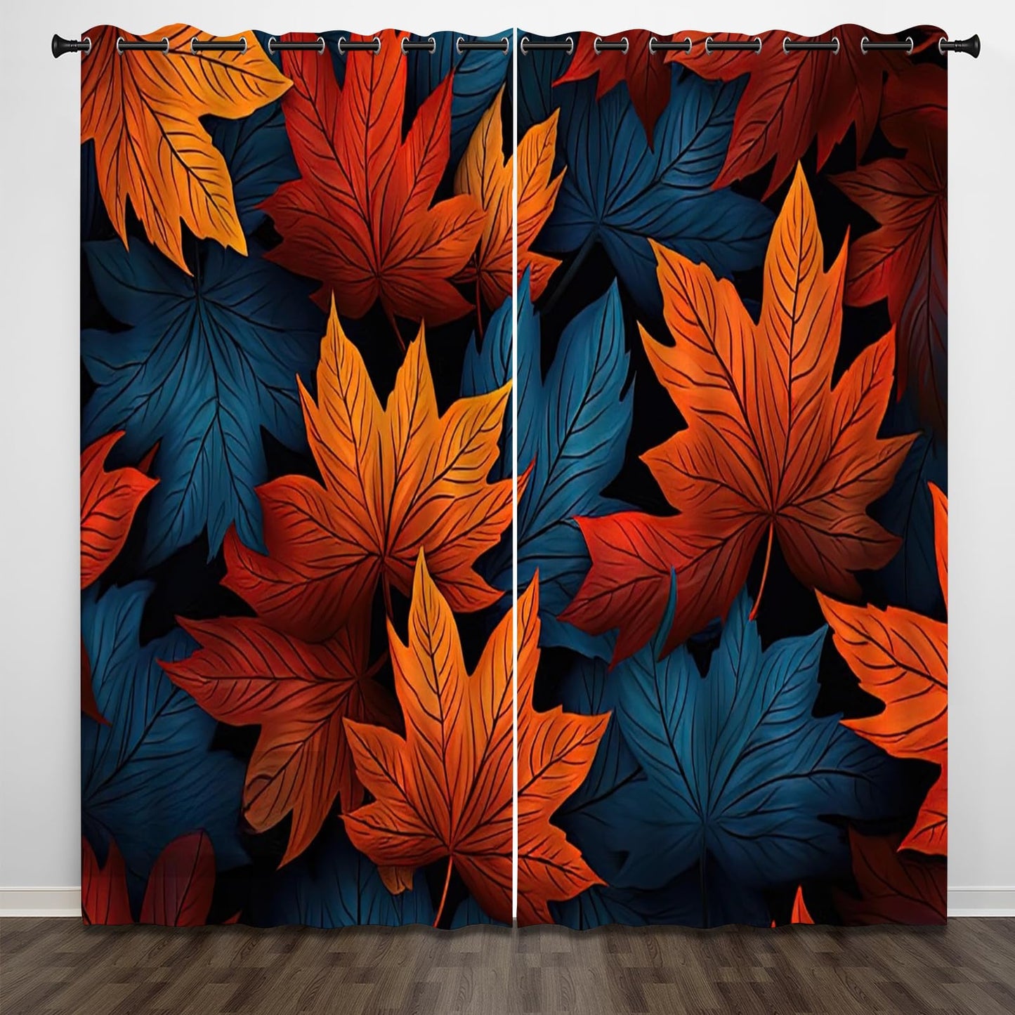 Brown Maple Leaves Blackout Curtains 2 Panels, Simple Plant Texture 3D Printed Drapes with Grommet Darkening Thermal Insulated Window Draperies for Living Room Bedroom(104" W x 63 "L)