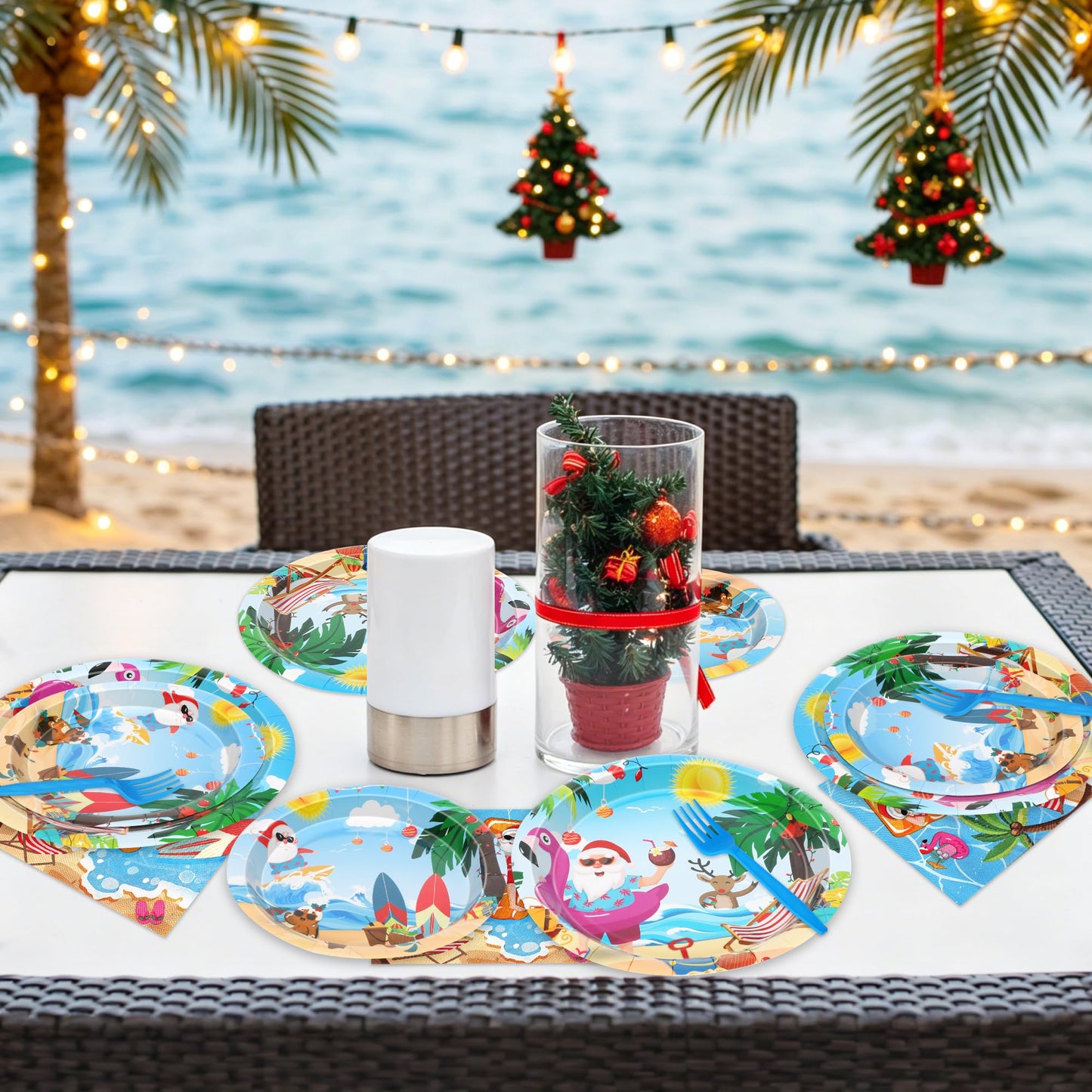 96PCS Summer Christmas July Decoration, July Christmas Plates and Napkins Forks Set, Disposable Hawaiian Beach Xmas Santa Tableware for Tropical Pool Beach Picnics Birthday Party Supplies Serves 24