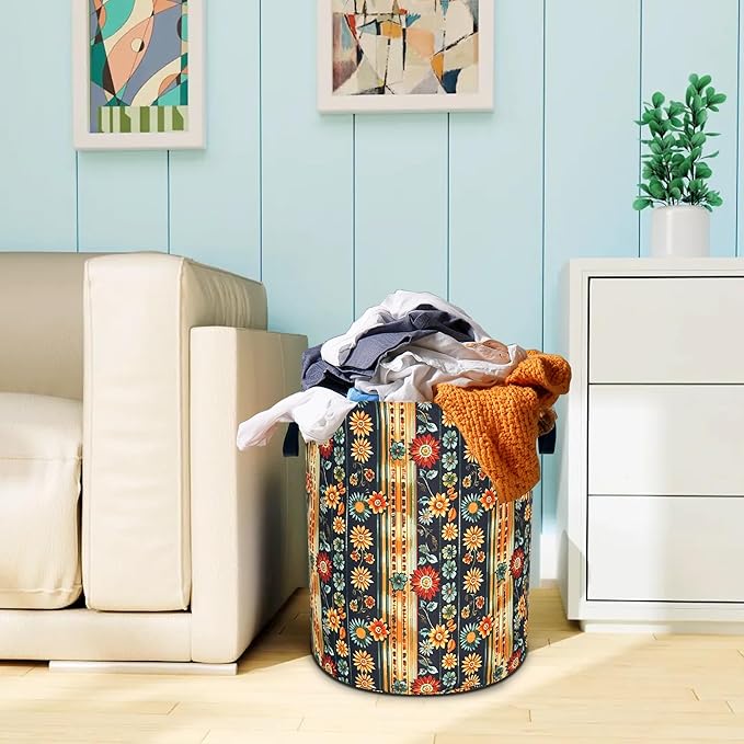 Folk Flower Art Laundry Basket Boho Floral Print Oxford Cloth Laundry Hamper