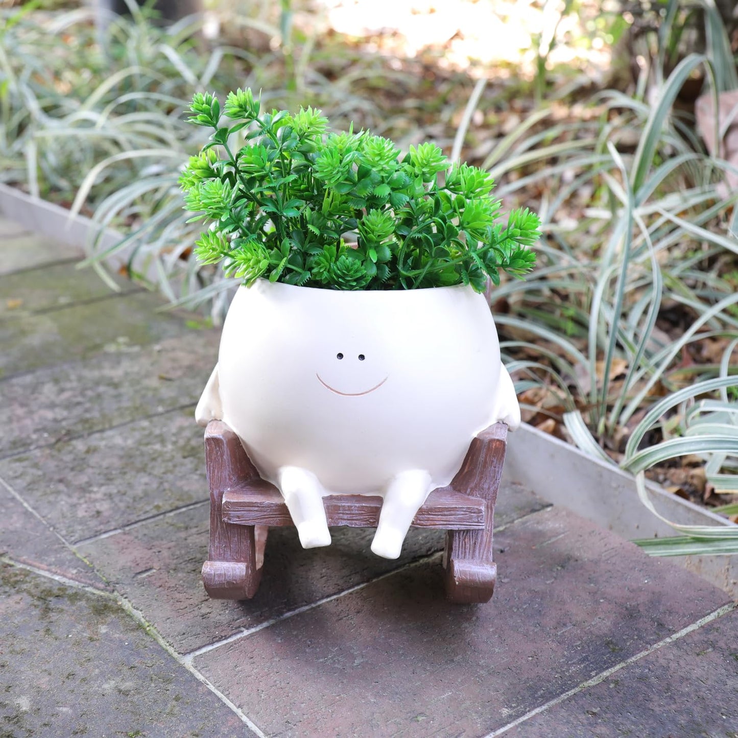 Songgang Smily Face Planter Pot Cute Resin Flower Head Planters for Indoor Outdoor Unique Sit Rocking Chair Succulent Pots Father Mother Gift and Appreciation Christmas with Drainage Hole (Large)