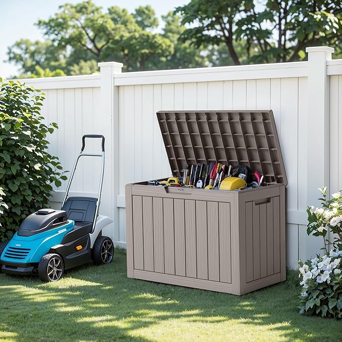 45 Gallon Outdoor Storage Box, Weather Resistant & Waterproof Resin Deck Box with UV Protection, Rattan Black Patio Storage Cabinet for Garden, Patio, Porch, Poolside(Gray)
