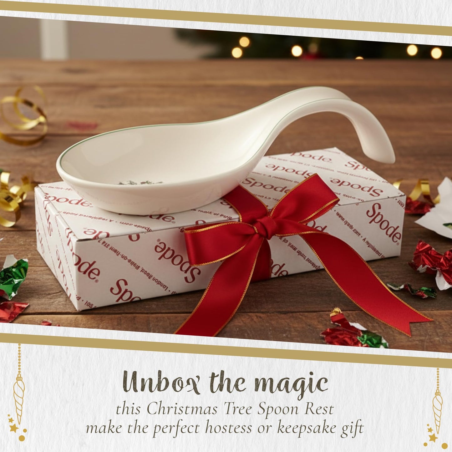 Spode Christmas Tree Spoon Rest, 12-Inch Festive Cooking Utensil Rest, Christmas Spatula & Ladle Holder for Kitchen Countertop, Fine Earthenware, Dishwasher Safe Holiday Kitchen Accessory