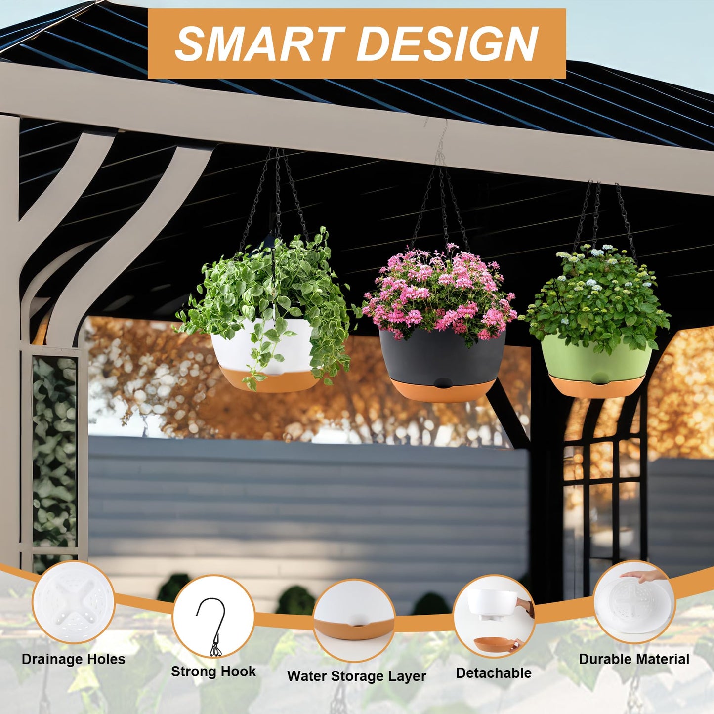 KPUVX 10 inch Plant Pot Hanging Planters Self Watering Pots for Indoor Plants, 3 Pack Plastic Hanging Basket with Removable Tray for Home Garden Porch Balcony Patio Decor(Black)