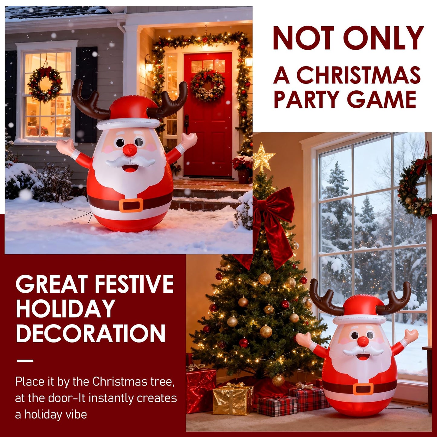Inflatable Santa Reindeer Ring Toss Game with Wobbling Punching Bag, Christmas Party Game for Kids and Adults, Holiday Decoration