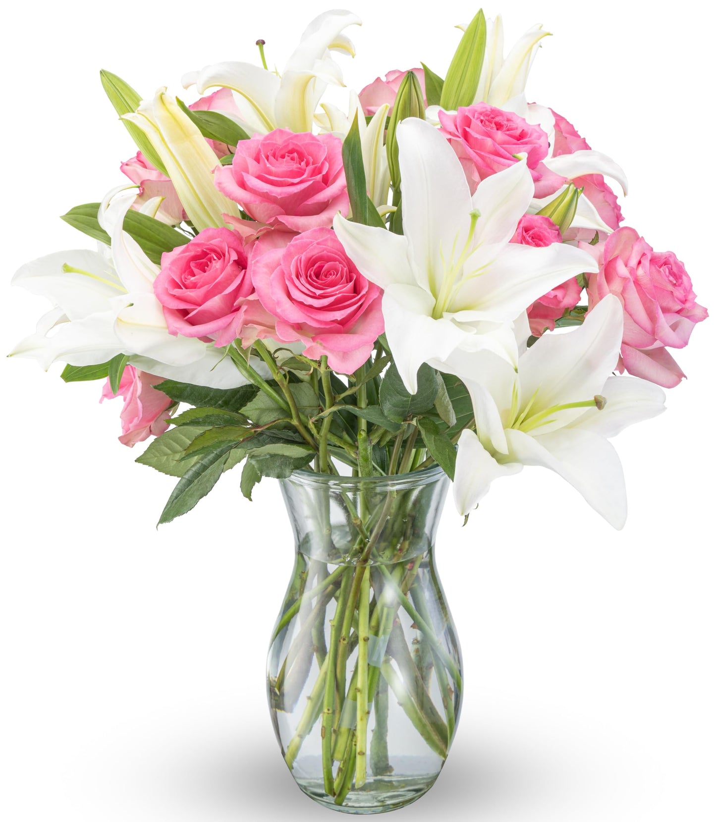 Benchmark Bouquets - Oriental Lily Flower & Pink Roses Bouquet - Fresh Flowers for Delivery - Real Flowers in a Vase - Gift Set for Mom - Mothers Day Gifts - Long Stem Roses (Glass Vase Included)