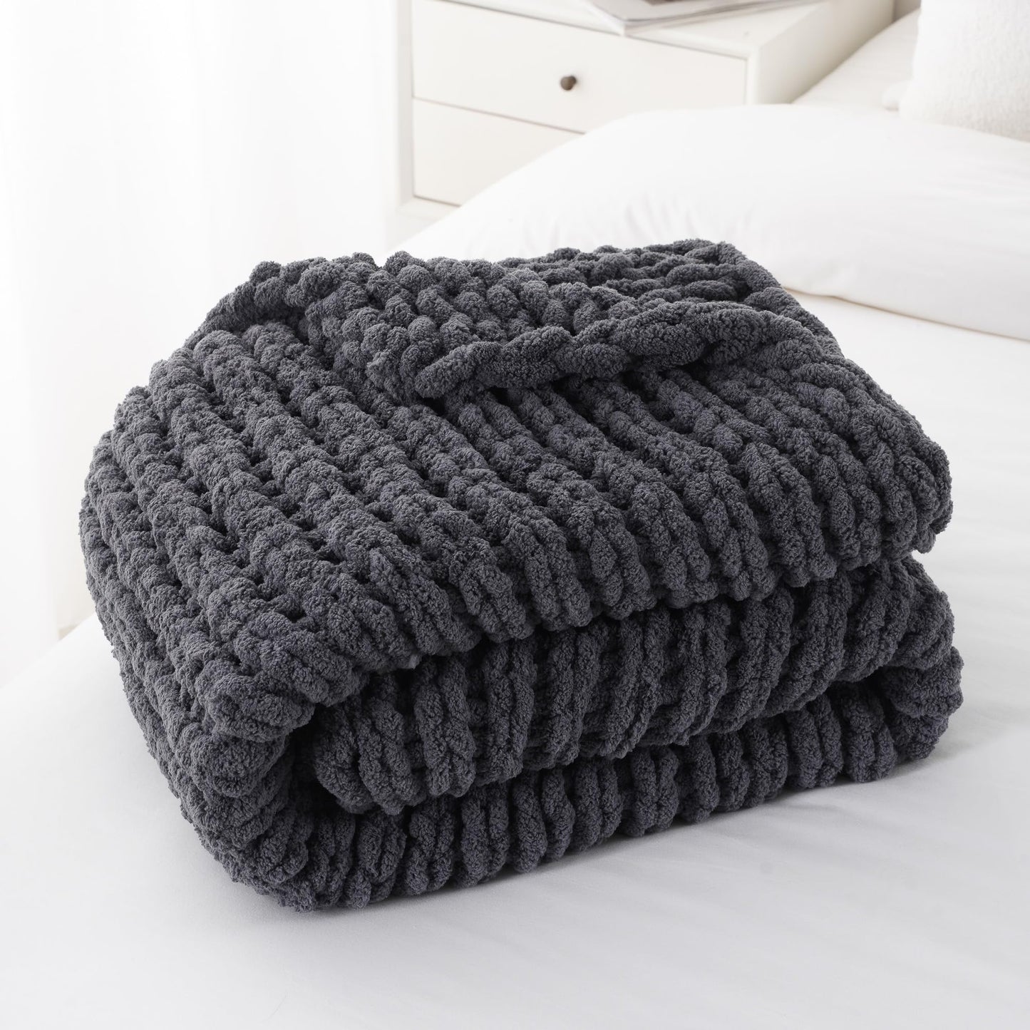 Battilo Chunky Knit Throw Blanket, Soft and Thick Chenille Throw Blanket, 50"x60" Handmade Cable Knit Crochet Blanket, Dark Grey Knot Knitted Throw Blankets for Couch Sofa Bed Home Decor