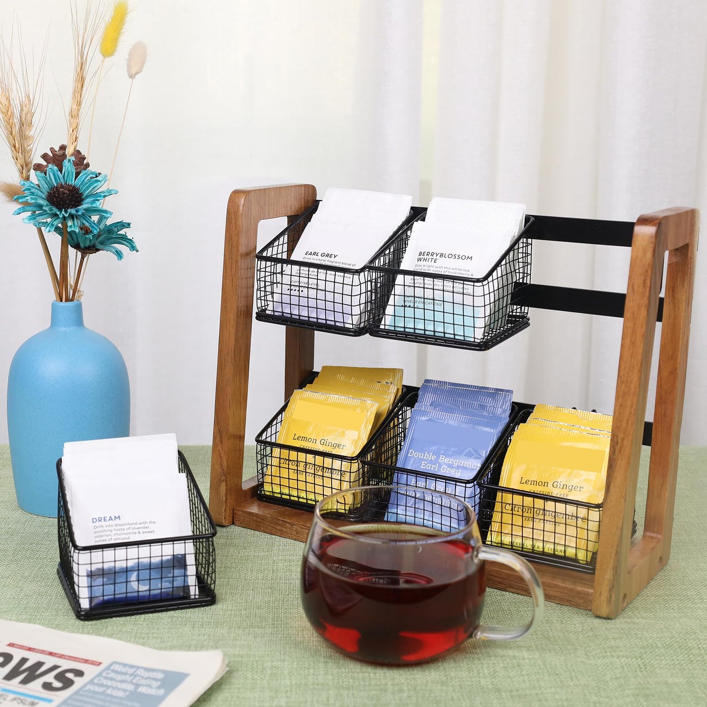 HTB 2 Tier Tea Organizer for Tea Bags, Tea Bag Holder with Acacia Wood Stand and 6 Removable Metal Basket for Sugar Packets, Sweeteners, Creamers for Cabinet, Countertop or Wall-mounted