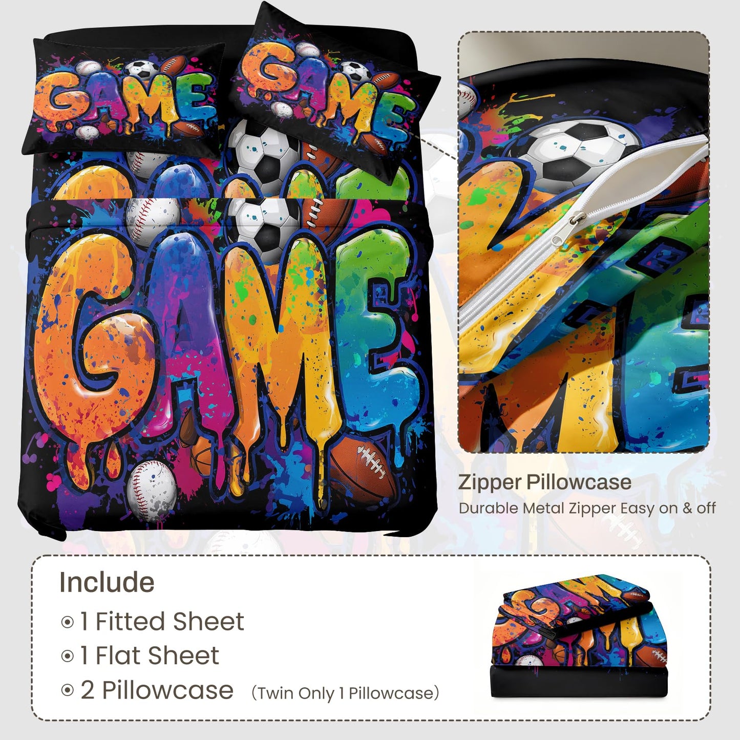 Ball Sports Twin Sheet Set 3 Pcs Graffiti Game Bed Sheets, Black Blue