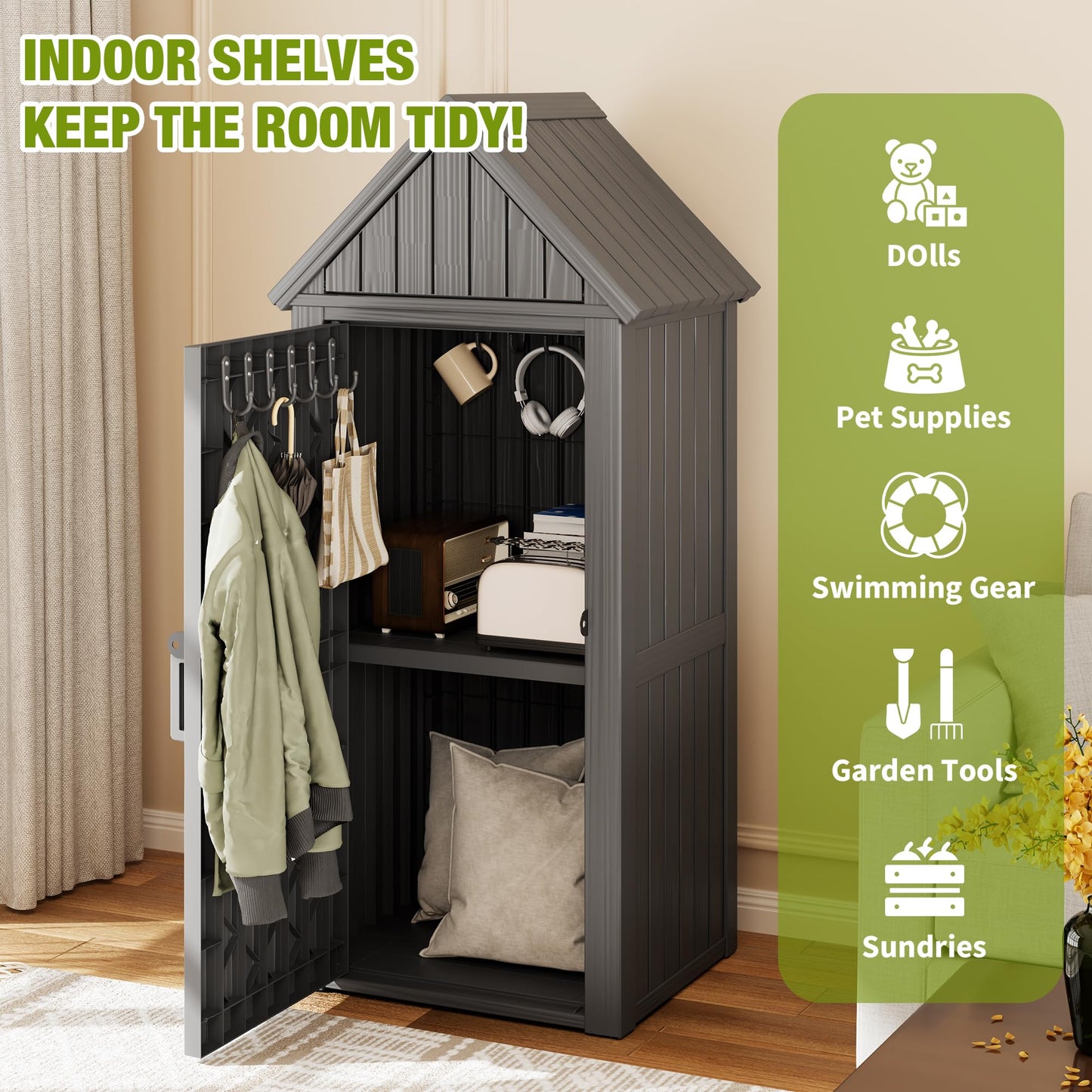 WTFGO Vertical Outdoor Storage Shed, Waterproof Resin Outdoor Storage Cabinet with Removable Shelves & 12 Hooks, Lockable Small Tool Shed for Garden, Backyard, Patio, Pool, Gray