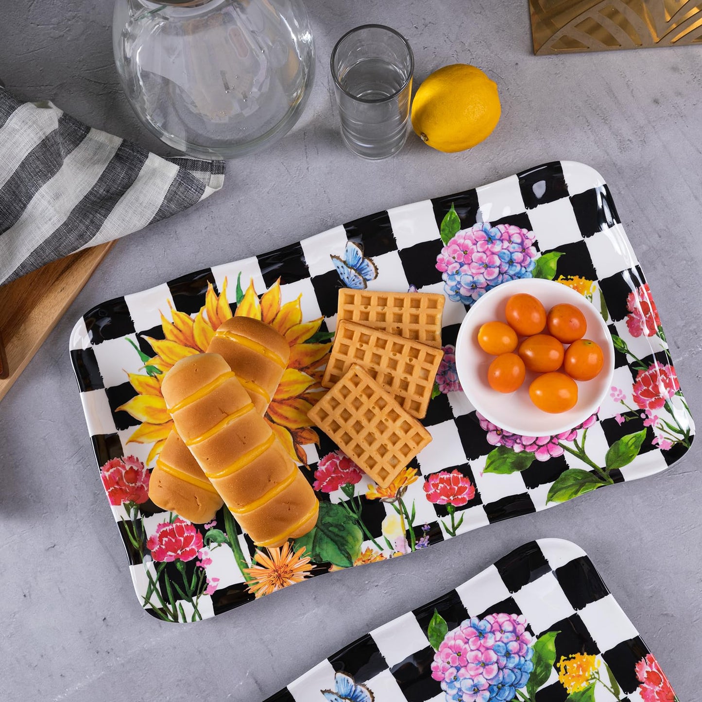 LEHAHA Rectangular Melamine Sunflower Serving Tray, 2-Piece Hydrangea Serving Platter Set, 17.5" x 10" Colorful Trays/Platters Sets for Outdoor and Indoor Dining and Entertaining Parties,Black Plaid