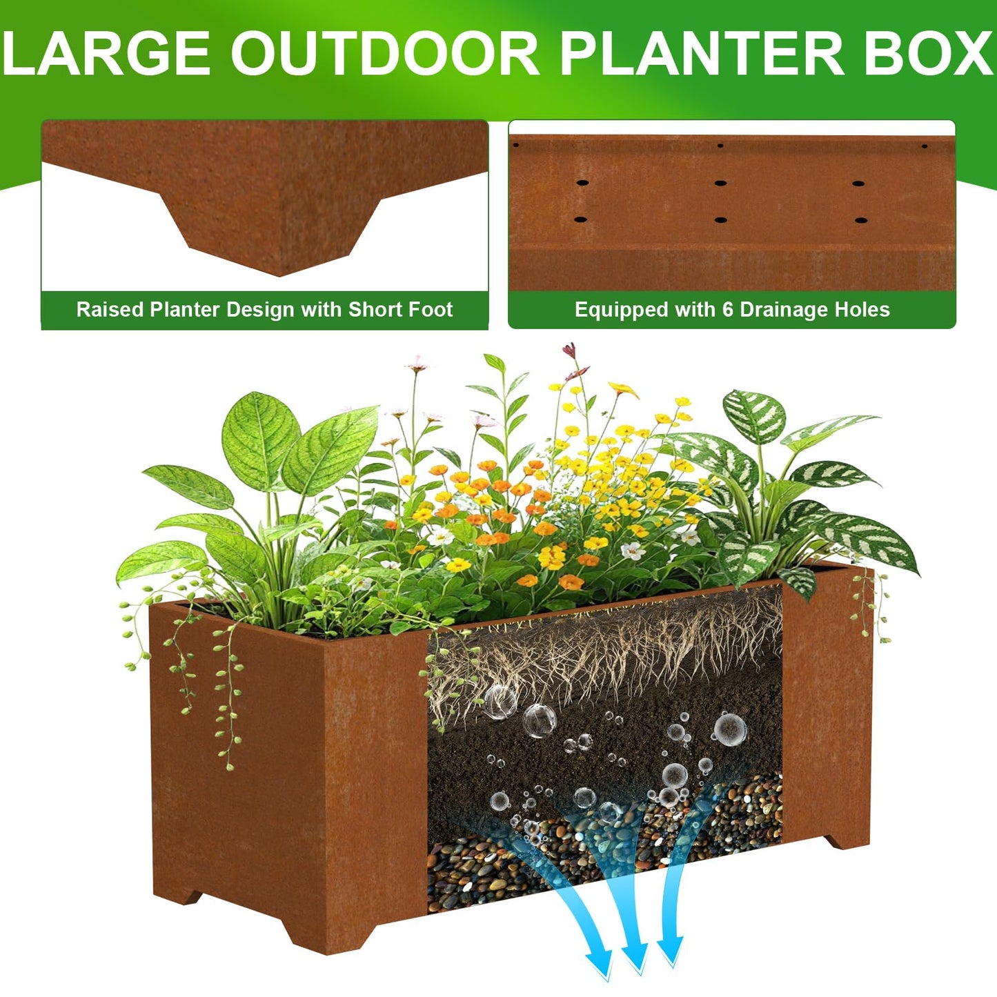 Gabviem Large Planters for Outdoor Plants 32"L x 15"W x 15"H, Co-rten Steel Planter Box with 6 Drainage Holes, Raised Bottom, All-Weather Garden Planter Box for Patio, Lawn, Commercial & Residential