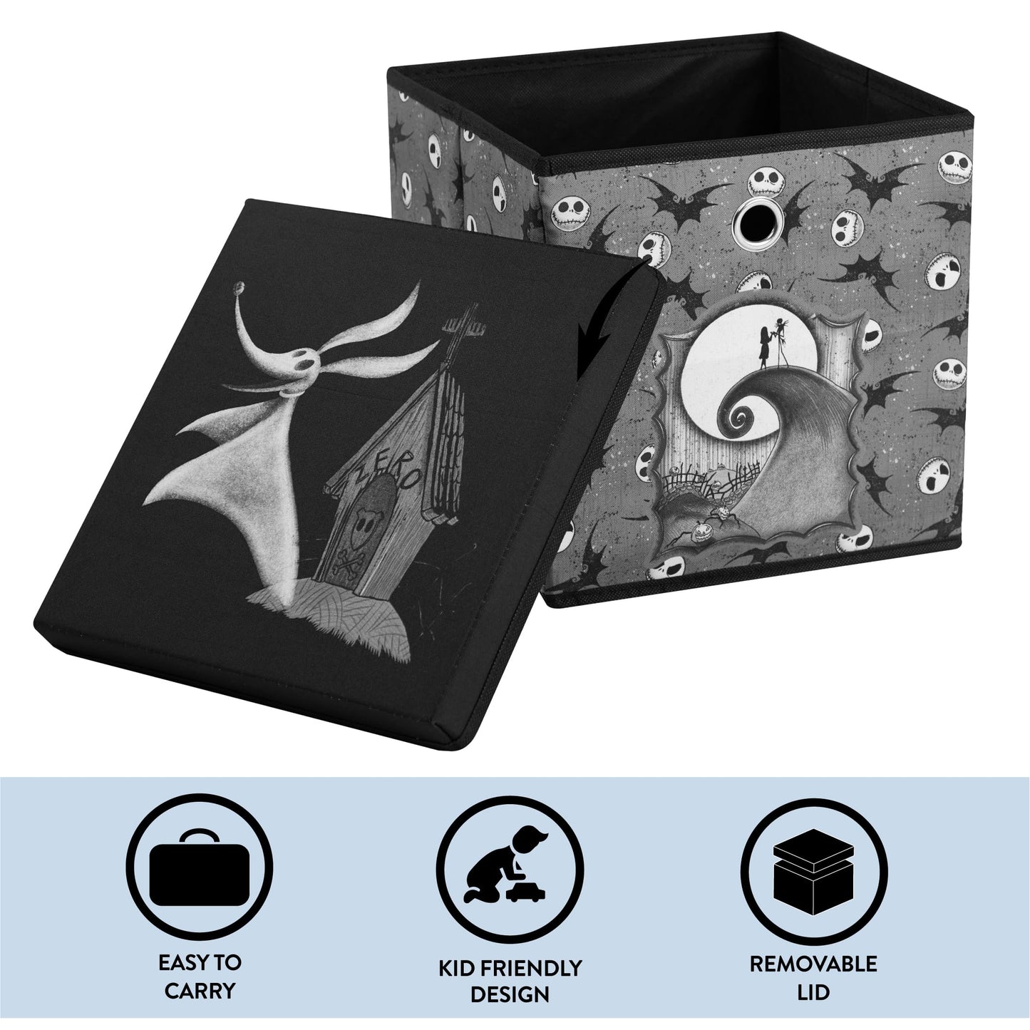 The Nightmare Before Christmas Collapsible Storage Cube with Removable Lid,10"x10"x10" Fabric Organizer Bin for Essentials
