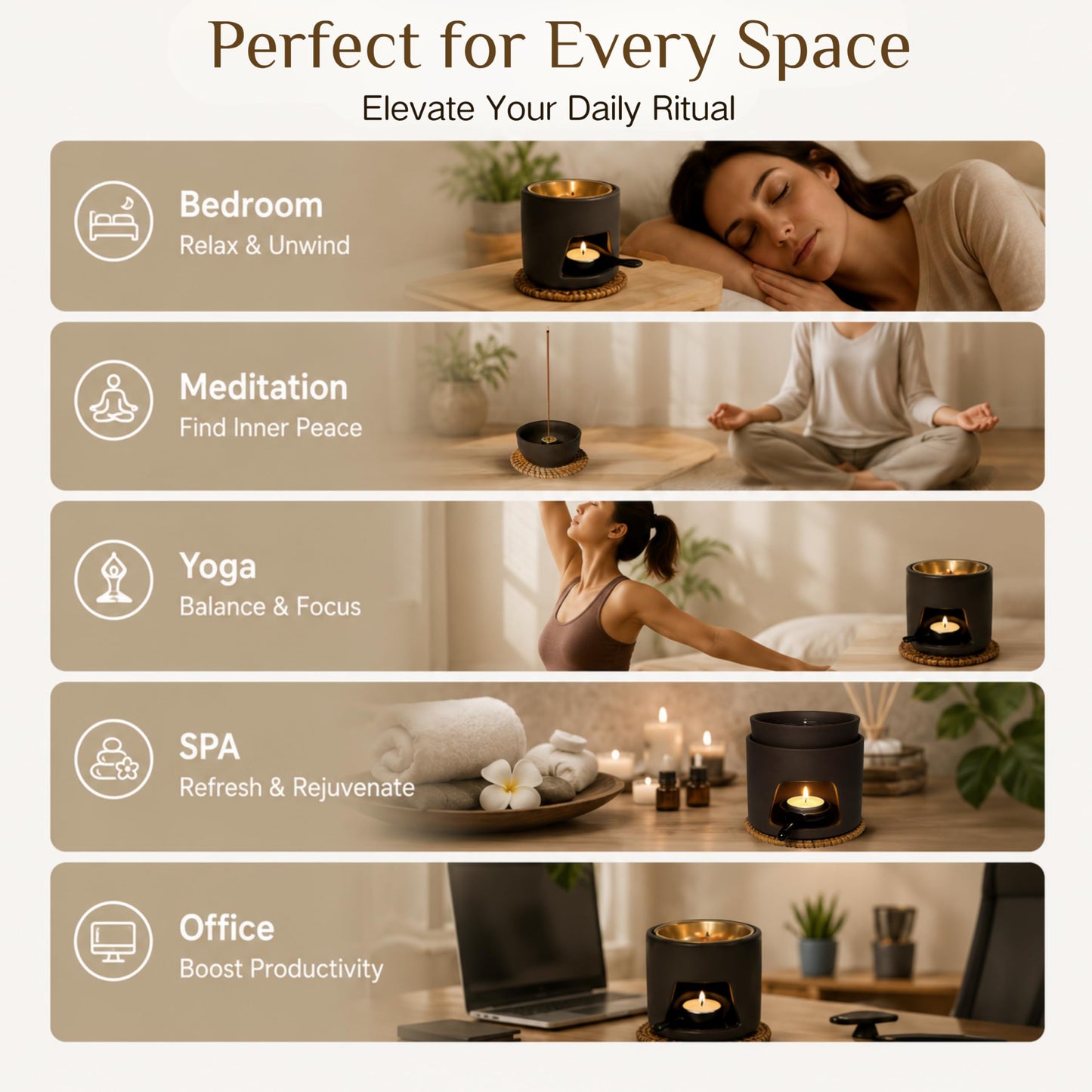 5 in 1 Incense Diffuser & Holder Set, Ceramic Aromatherapy Burner for Incense Sticks and Dried Herbs, Multi-Use Wax Warmer for Bedtime Calm, Yoga, Meditation, Home and Office