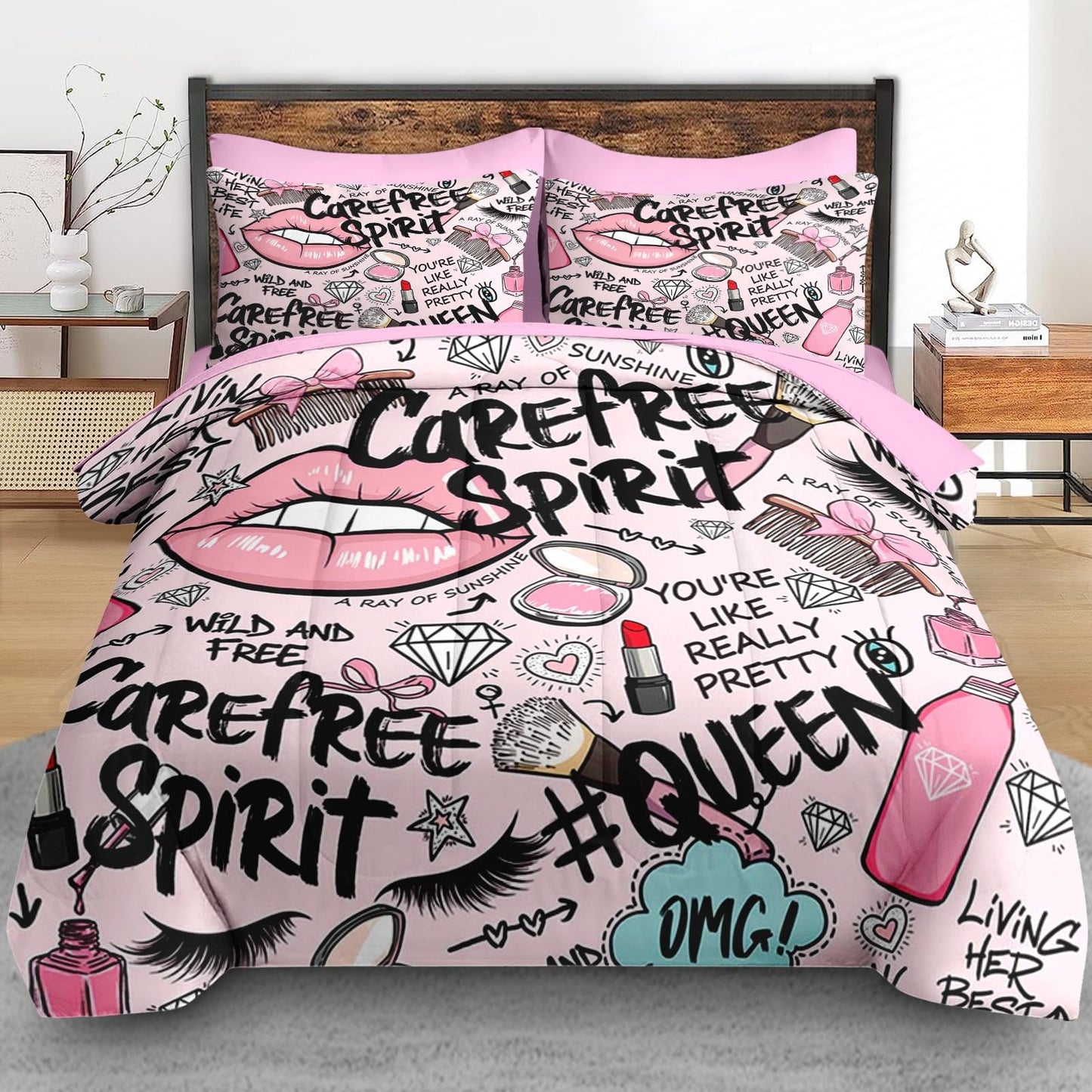 Pamnest Comforter Set Queen Size, Makeup Pink Queen 7 Pcs Bedding for Kids and Adults, Women Diamond Cute Bed Sheet Sets with Fitted Sheet 2 Pillowcases & 2 Shams for Bedroom Bed Decor