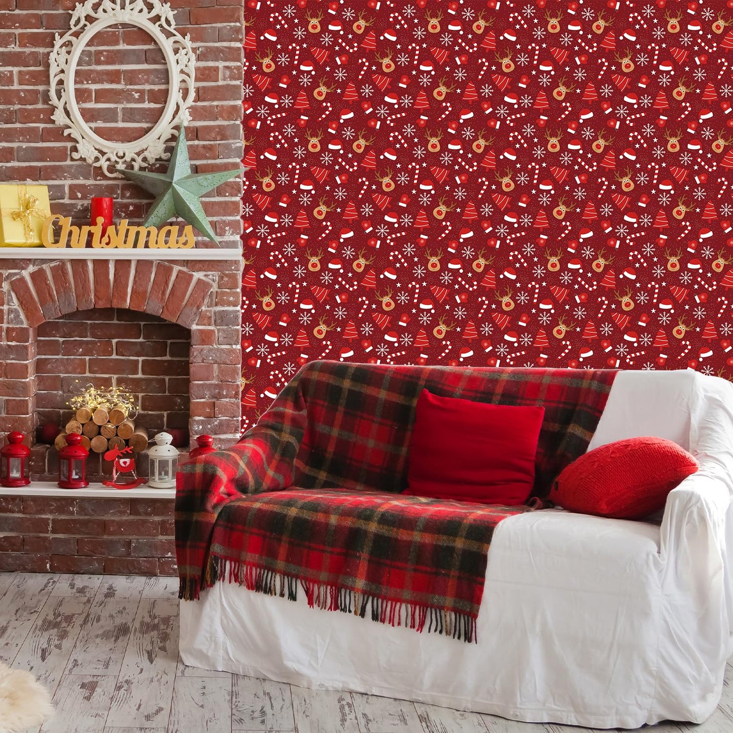 IARTTOP Merry Christmas Wallpaper Peel and Stick Snowflake Contact Paper for Cabinets and Drawers Christmas Reindeer Wallpaper Xmas Candy Canes Decals for Winter Holiday Home Party Decor(17.3"X118.1")