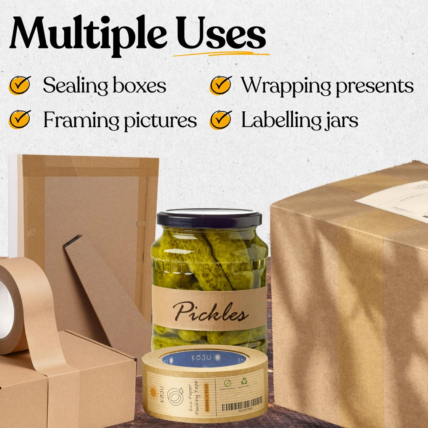 Koju Kraft Paper Packing Tape 48mm x 50m | 3 pack | Eco Friendly & Recyclable Brown Paper Tape for Parcel Packing & Picture Framing