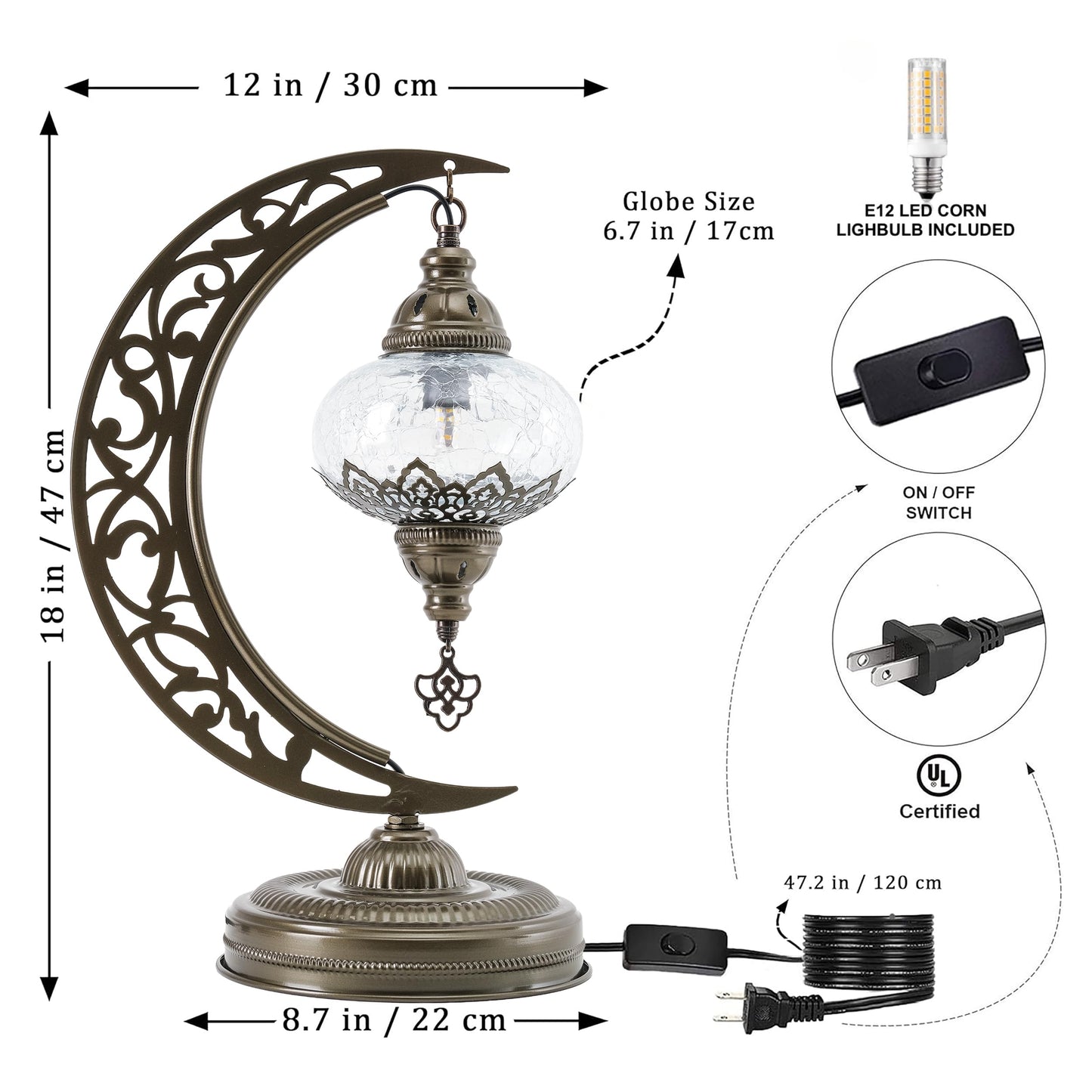 Mozaist Turkish Lamp, Unique Lamps, Moon Shaped Mosaic Table Lamp, Moroccan Handmade Antique Bohemian Vintage Lamp Shade, Tiffany Desk Bedside Stained Glass Lamp with US Plug and E12 Socket