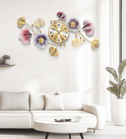 Axioglo Wall Clocks for Living Room Decor,Large Wall Clock,3D Creative Metal Ginkgo Leaf Design,with Silent Movement Wall Clocks for Home Wall Decor Clock（33"x18"）