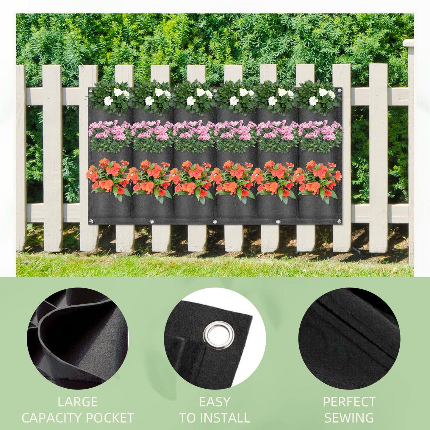LITLANDSTAR 18 Pockets Hanging Grow Bags, 2 Pack Horizontal Wall Planter Plant Grow Bags Outdoor Indoor Hanging Planter for Balcony/Railing/Fence/Yard/Garden/Home Decoration, Black