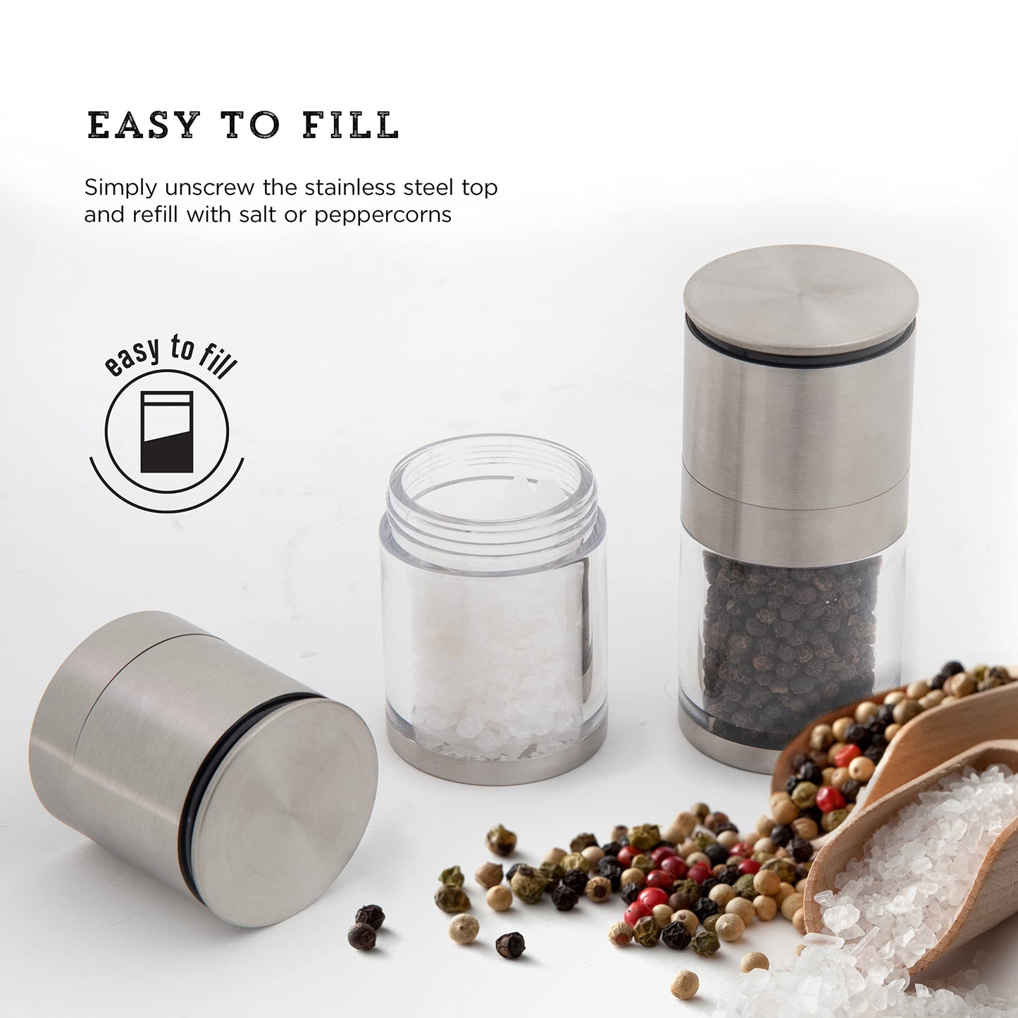Kamenstein Magnetic Salt and Pepper Grinder Filled with Spices, Set Of 2, Stainless Steel