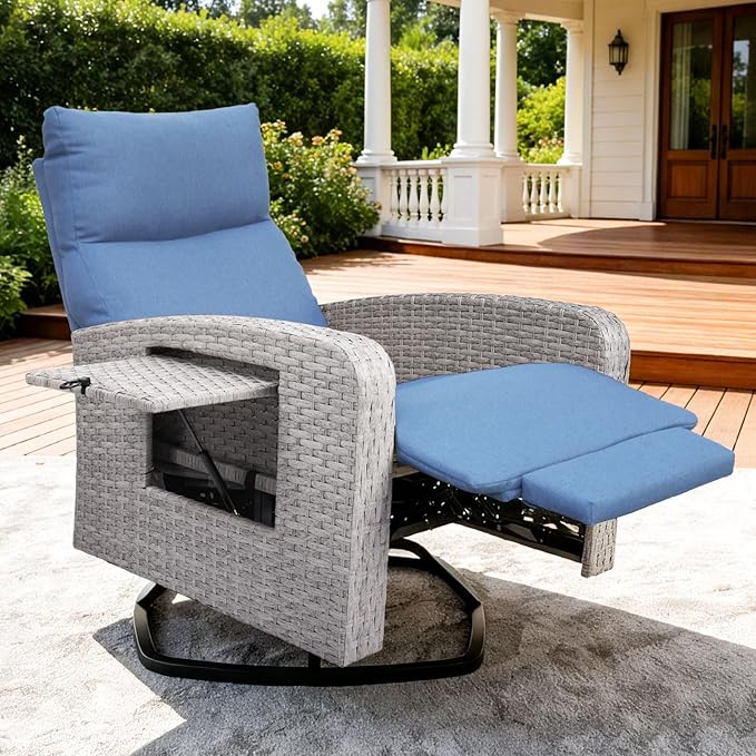 Outdoor Recliner Chair Set of 2, Wicker Patio Recliners with Adjustable Backrest and Extended Foot Rest, Reclining Patio Chairs with Flip Table & Removable Cushion Cover for Porch