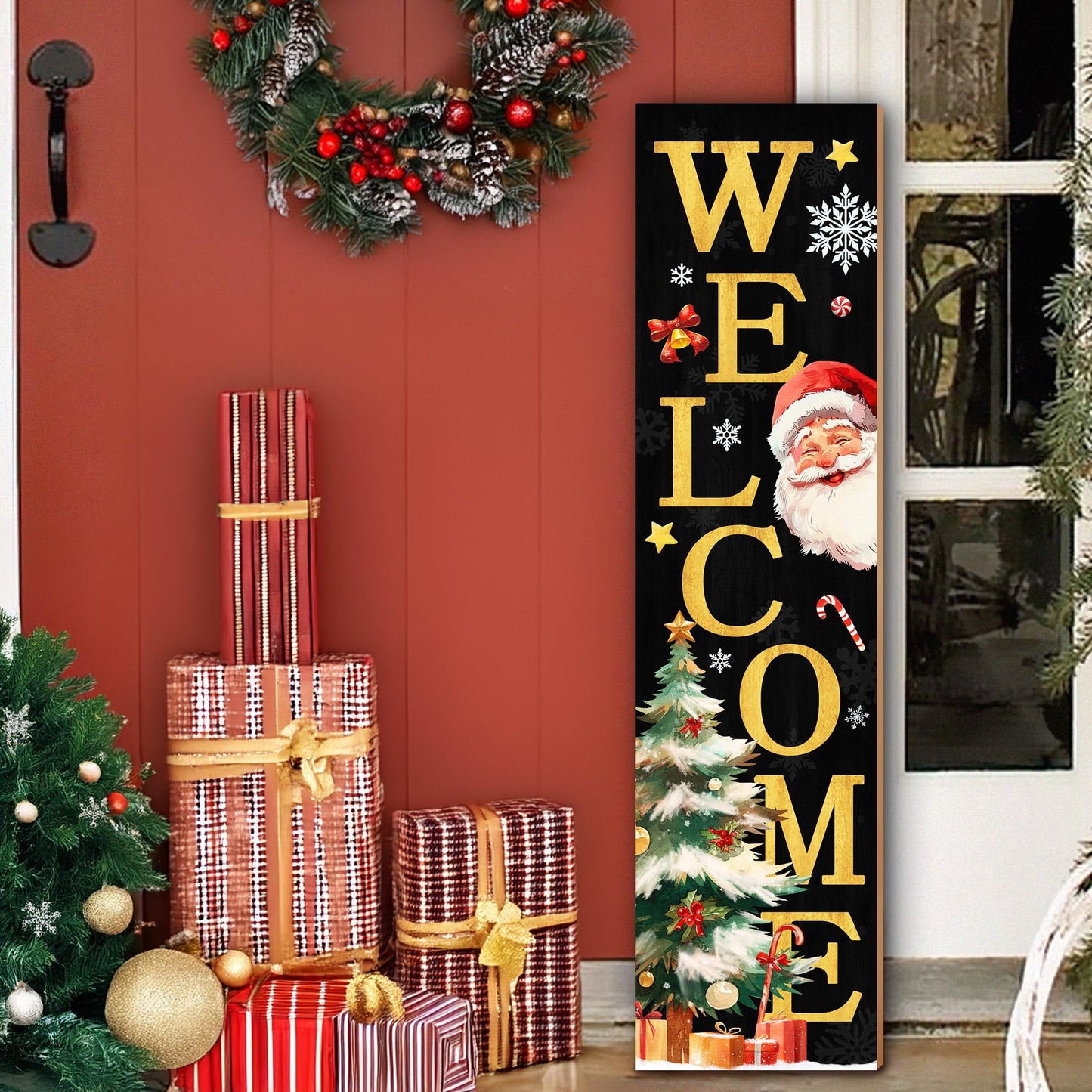 Christmas Wooden Porch Sign 31.5" Santa Welcome Porch Sign with Stars, Snowflakes, and Gift Accents for Home Front Door Yard Party Decor
