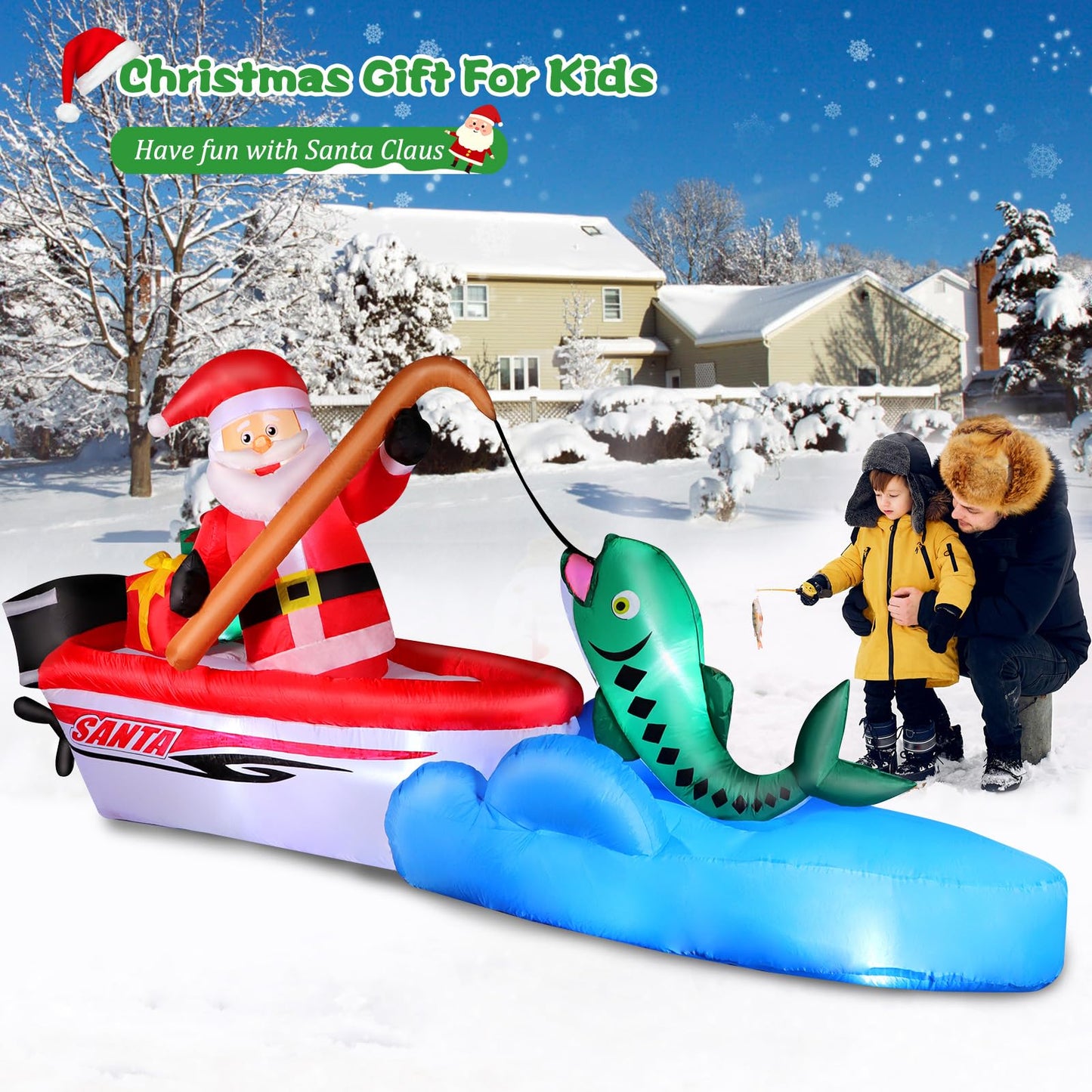 FunFanso 11FT Christmas Inflatable Santa Claus Fishing on The Boat, Blow up Outdoor Decorations with Built-in Bright LED Lights, Vibrant Xmas Festival Decor for Lawn Yard Garden Holiday Party Porch