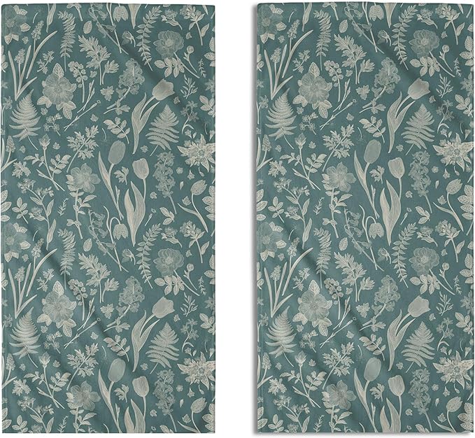 Aqua Spring Floral Hand Towels for Bathroom Set of 2 Flower Leaves Vintage