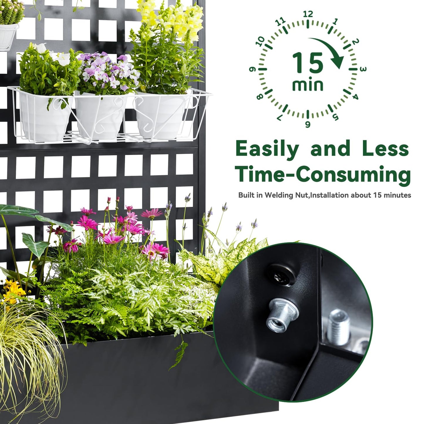 Metal Planter Box with Trellis, 71"x47"x16" Raised Garden Bed Outdoor with Privacy Screen & Lattice Trellis & Lockable Casters, Vertical Garden Box with Drainage Hole for Climbing Plants, Vegetable