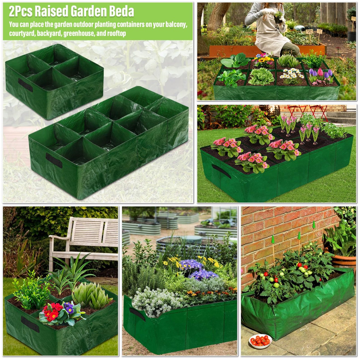 LifeisLuck Fabric Raised Garden Bed, 2 Pack 8 Grids and 4 Grids, 128 Gallon Rectangle Grow Bags with Drainage Holes, Breathable PE Planting Containers for Outdoor Vegetables Fruits Flowers