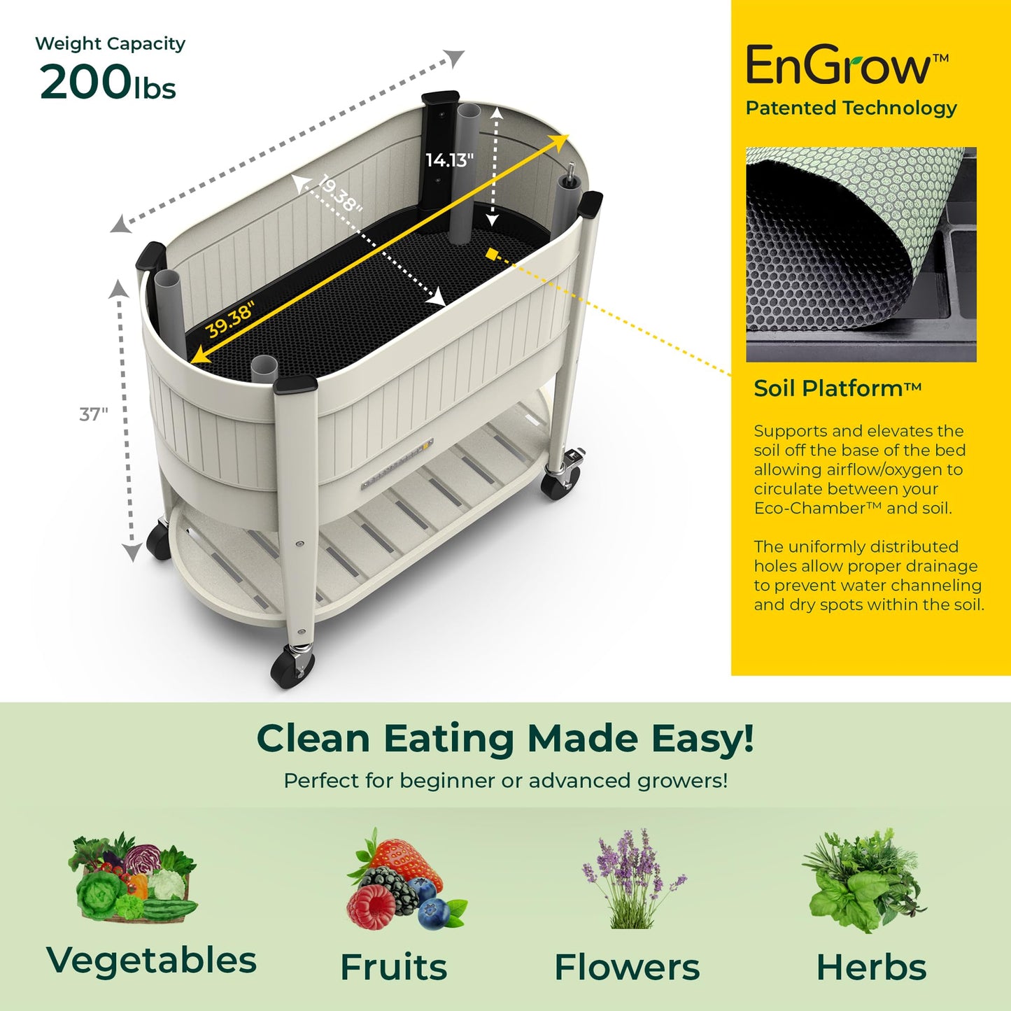 Permasteel Raised Garden Bed with Legs, Planter Box with EnGrow™ TrueSoil™ Technology for Vegetables, Flowers, Herbs, and Fruit, Outdoor Indoor, Storage Shelf, Caster Wheels, Ivory