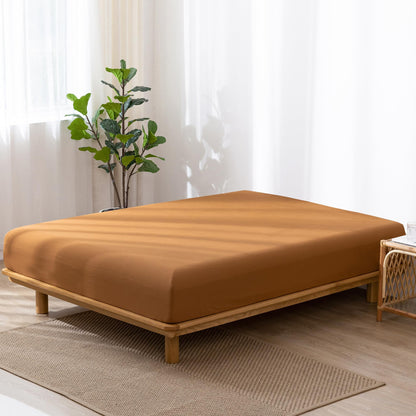 MooMee Fitted Bottom Sheet Only 100% Washed Cotton Linen Like Textured Breathable Durable Soft Comfy Deep Pocket Fits Mattress up to 17" (Dark Orange, Queen)