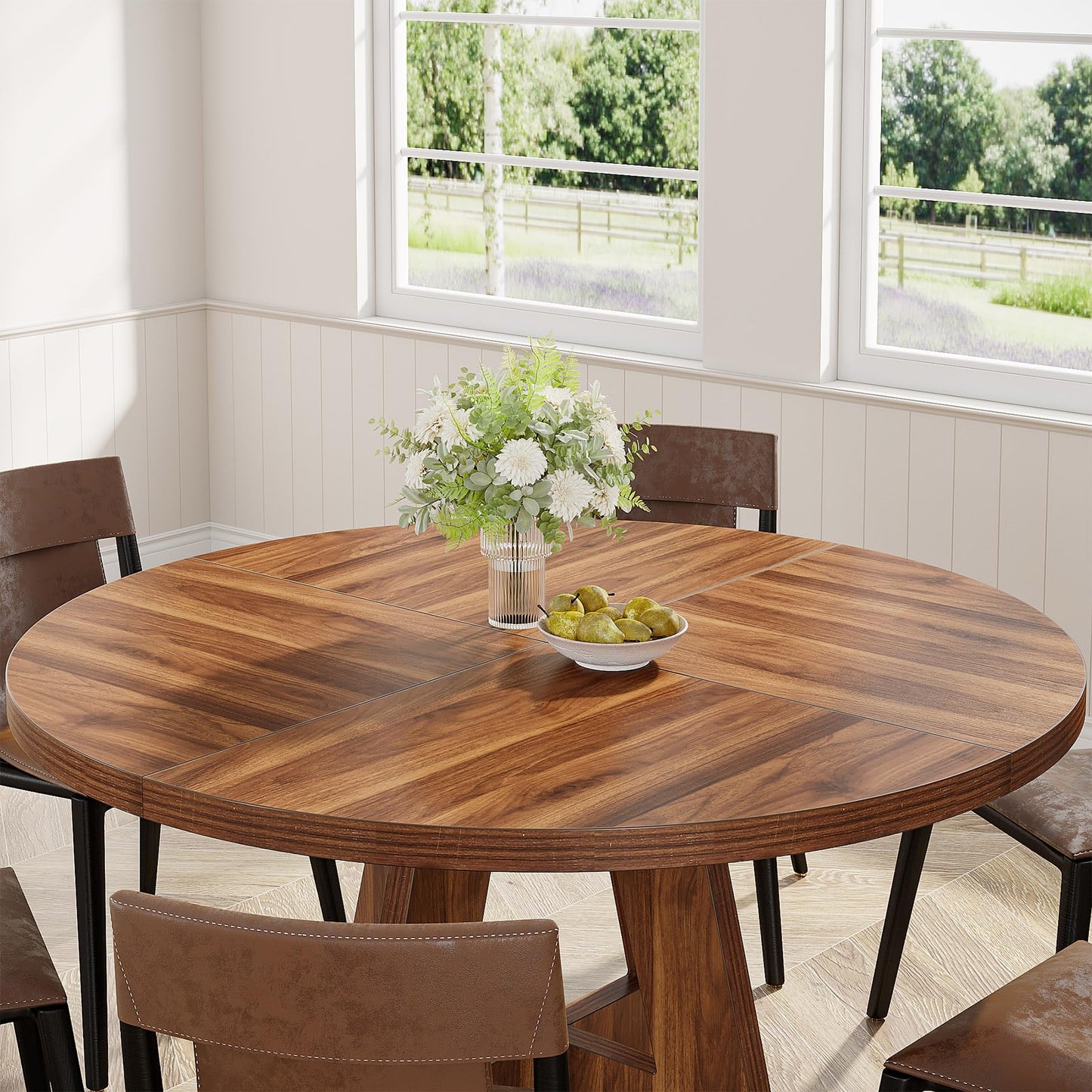 Tribesigns 47 inch Round Dining Table Wood Kitchen Table for Dining Room, 47" Dinner Room Tables for 4-6, Farmhouse Accent Furniture with Wooden Tabletop and Cross Base, Rustic Brown