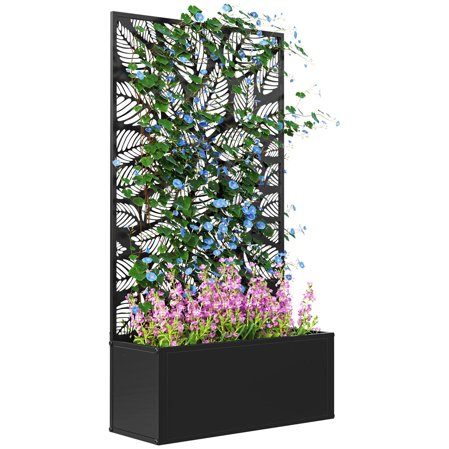 Outsunny Metal Raised Garden Bed with Trellis for Climbing Plants, Freestanding or Wall Mounted Flower Bed with Privacy Panel, Small Leaves Cut-Outs Outdoor Planter Box for Garden, Patio, Balcony