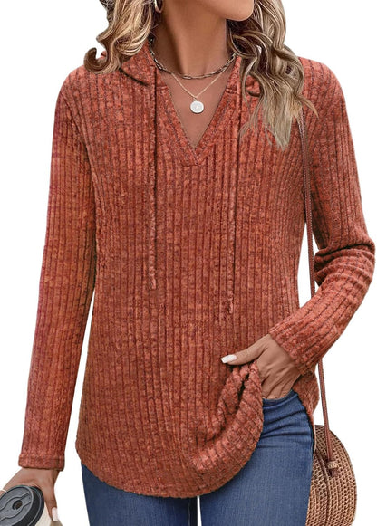 Lylinan Womens Cozy Knit Sweaters Hoodies Ribbed V Neck Pullover Sweatshirts for Fall Outfits S-XXL