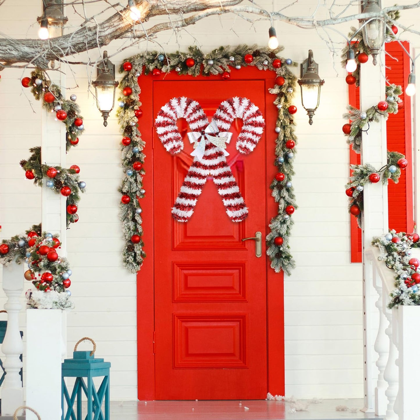 Suncalla 2 Pcs 15 Inch Christmas Candy Canes Decorations Large Christmas Tinsel Garlands Hanging Ornament Shiny Red and White Candy Decoration for Xmas Tree Door Garden Holiday New Year Party Decor